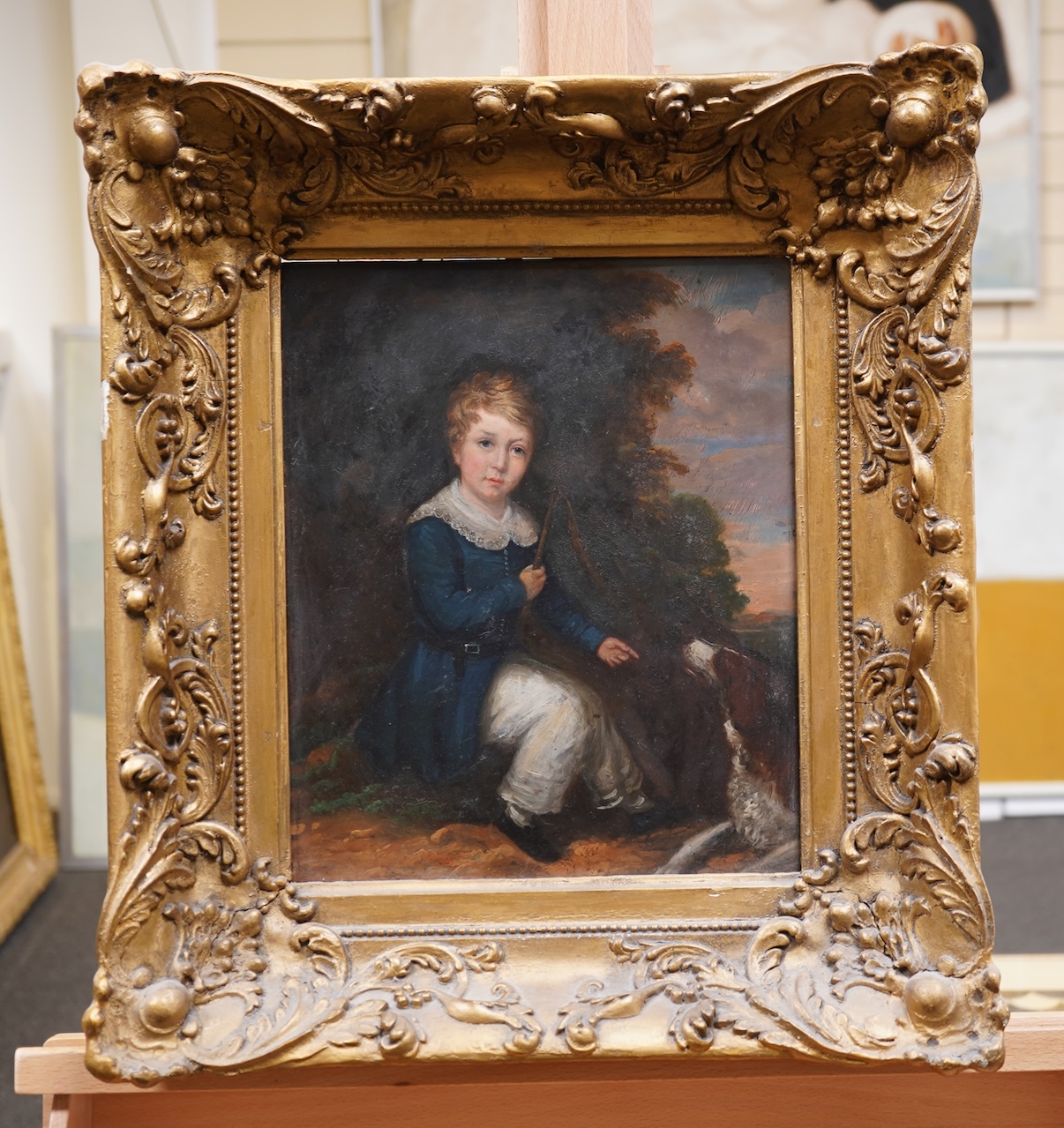 English School, 19th century, A young boy and his hound in a landscape, oil on copper, 30cm x 25cm
